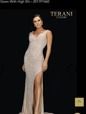 Terani Couture Beaded Champagne Evening Gown with High Slit - 2011P1460